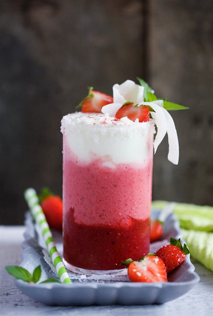 Strawberry and coconut smoothie with Greek yogurt and agave syrup
