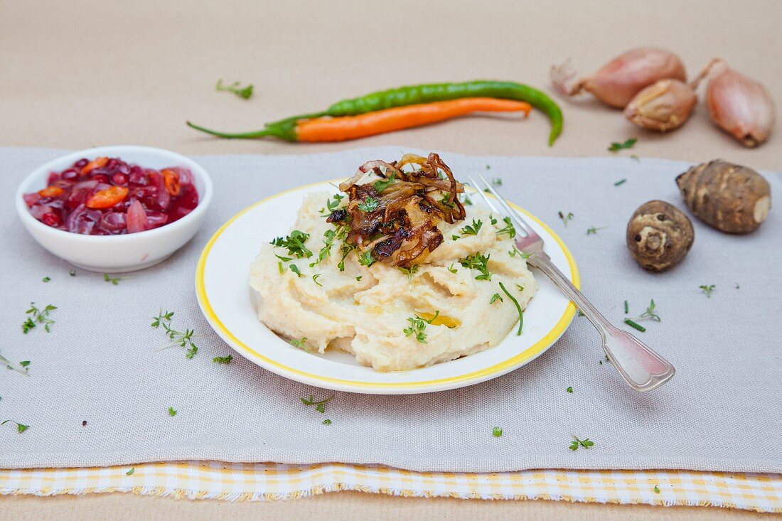 Jerusalem artichoke puree with toasted onions and cranberry chutney