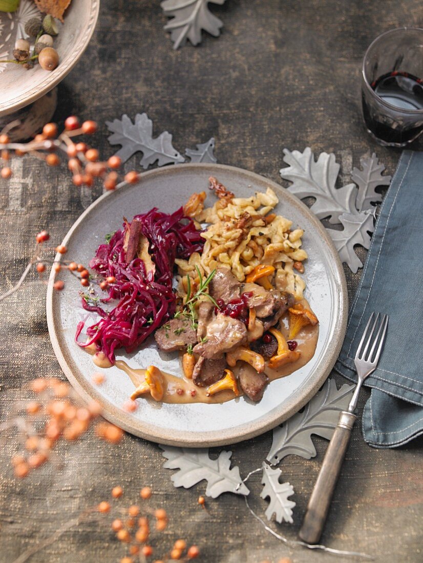 Beef stew with red cabbage and walnut spatzle (Switzerland)