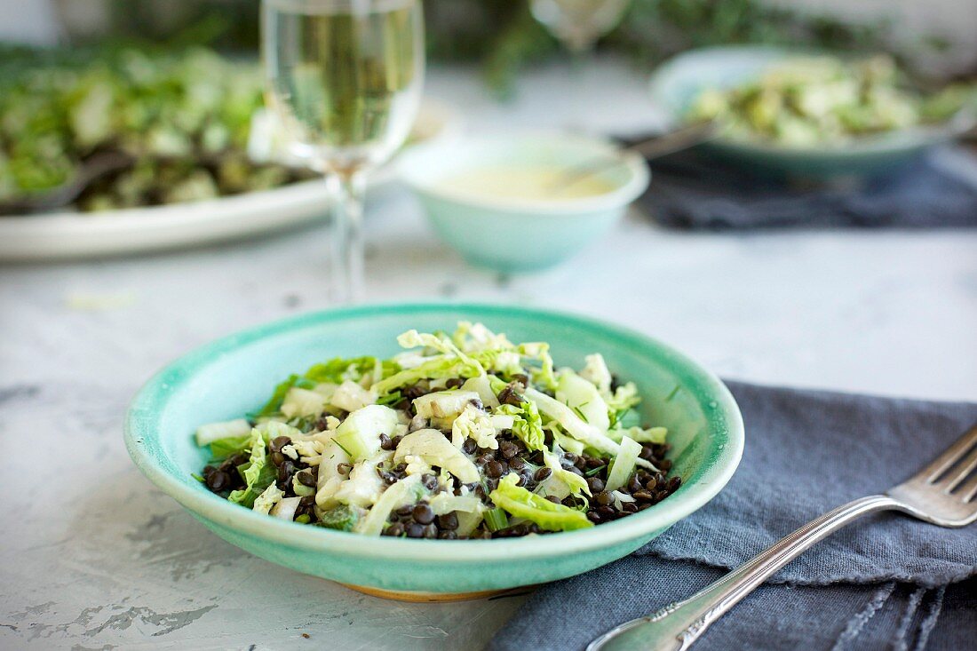 Veggie-Salat mit schwarzen Linsen und Gemüse dazu Feta-Minze-Vinaigrette