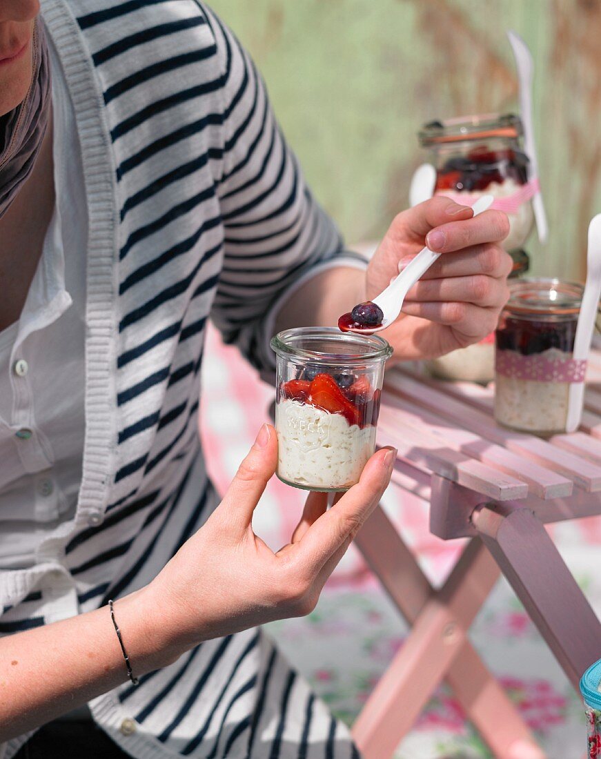 Rice pudding with fruit for a summer picnic