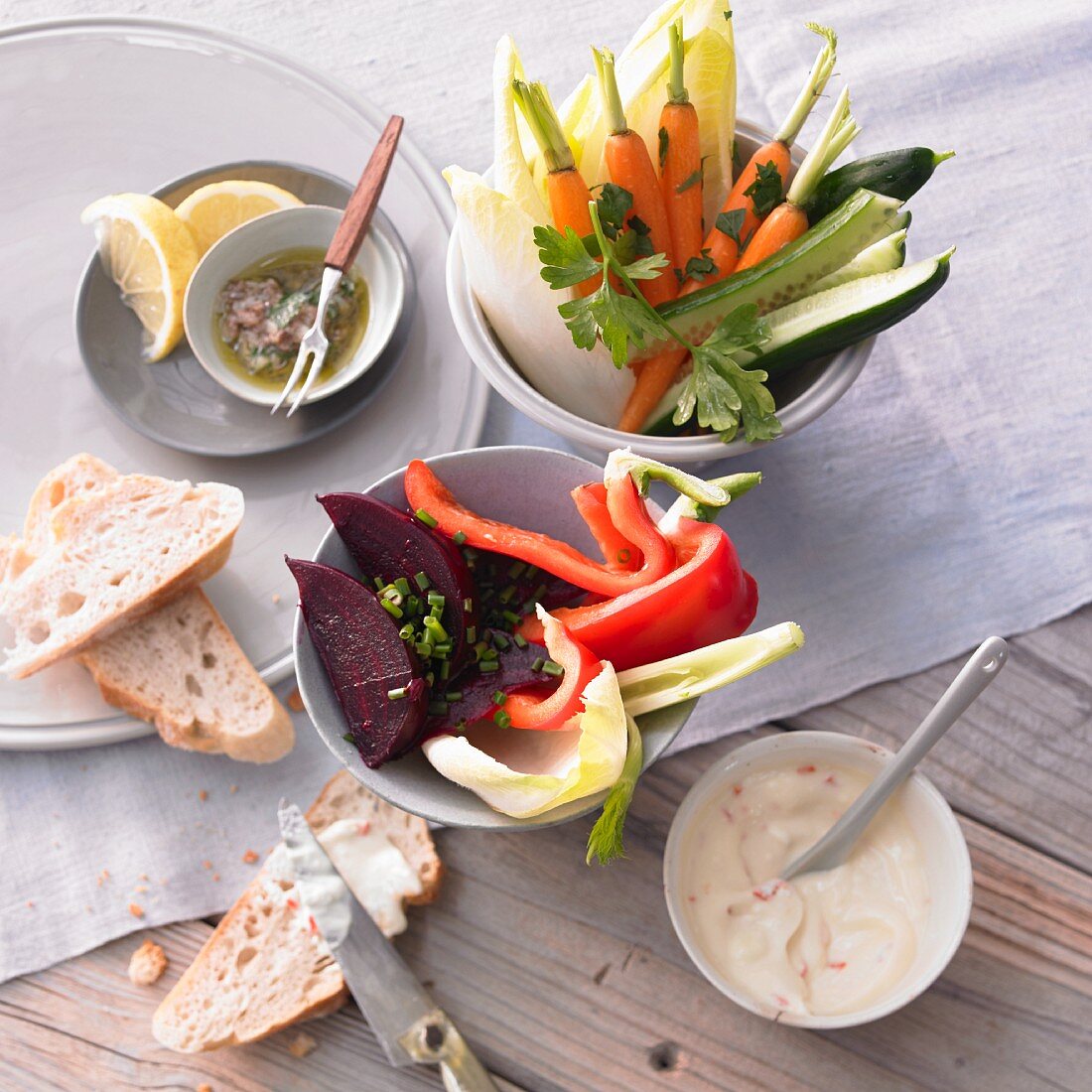 Vegetable sticks with spicy mayonnaise and an anchovy dip