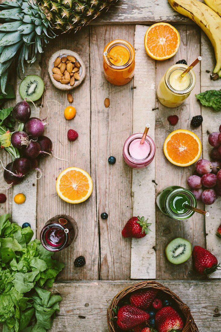 Smoothies and Fruits on Wood