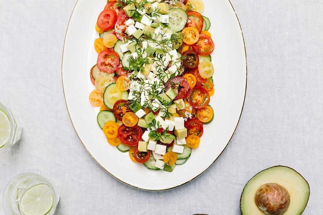 Tomato salad with cucumber and mozzarella (seen from above)