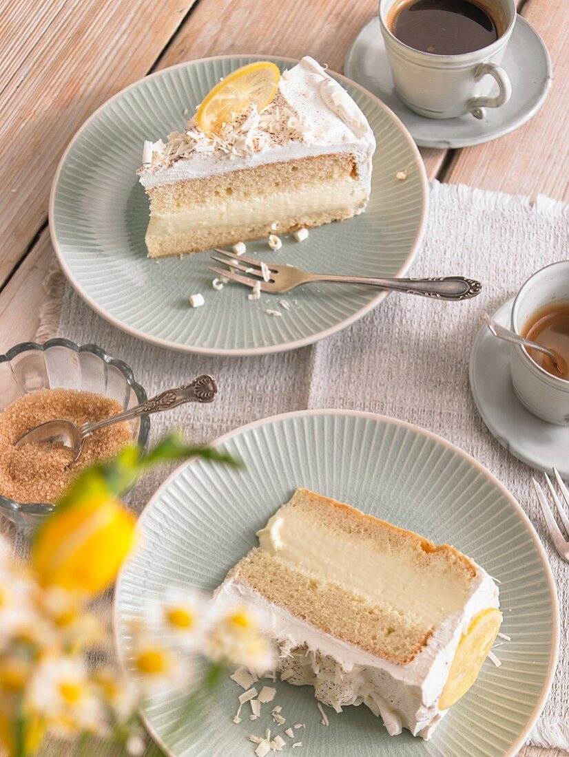 Two slices of lemon cake and coffee