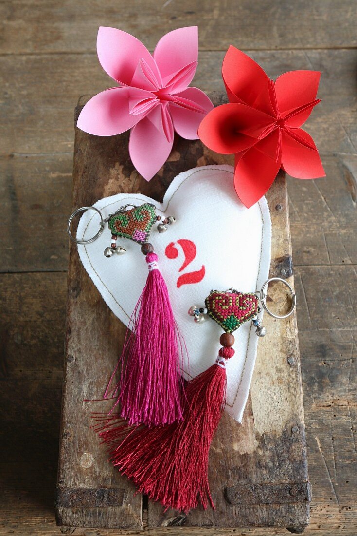 Origami flowers, fabric heart and two key chains