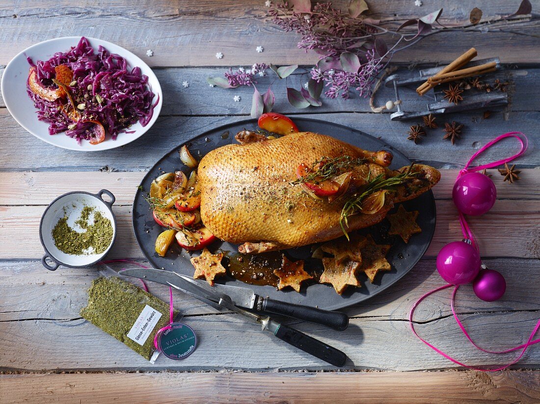 Christmas duck with red cabbage and poultry spices