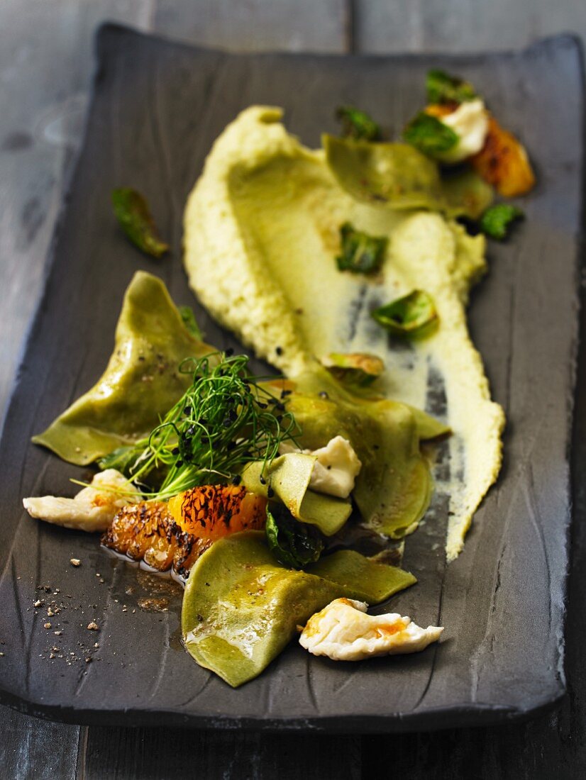 Ravioli with fennel and brussels sprouts puree