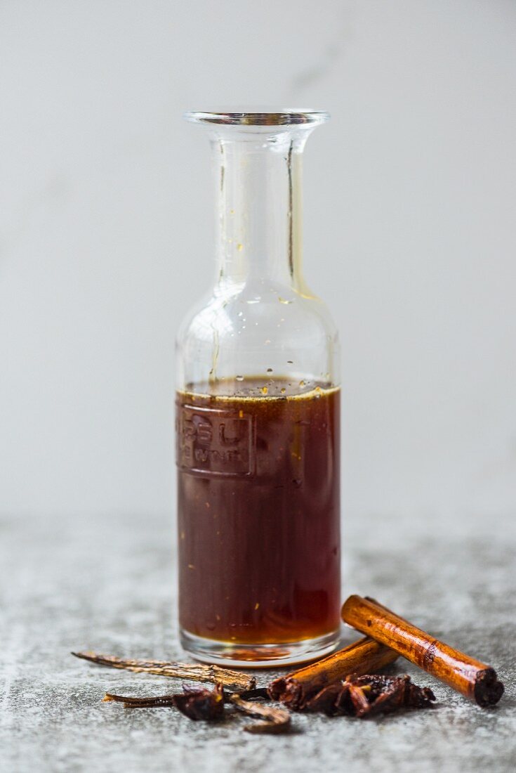Homemade cola syrup in a bottle