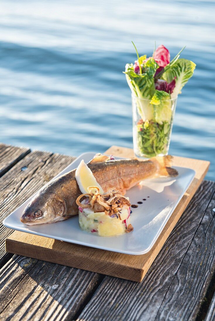 Saibling mit Kartoffelsalat vom 'Haus am See' am Starnberger See, Oberbayern, Deutschland
