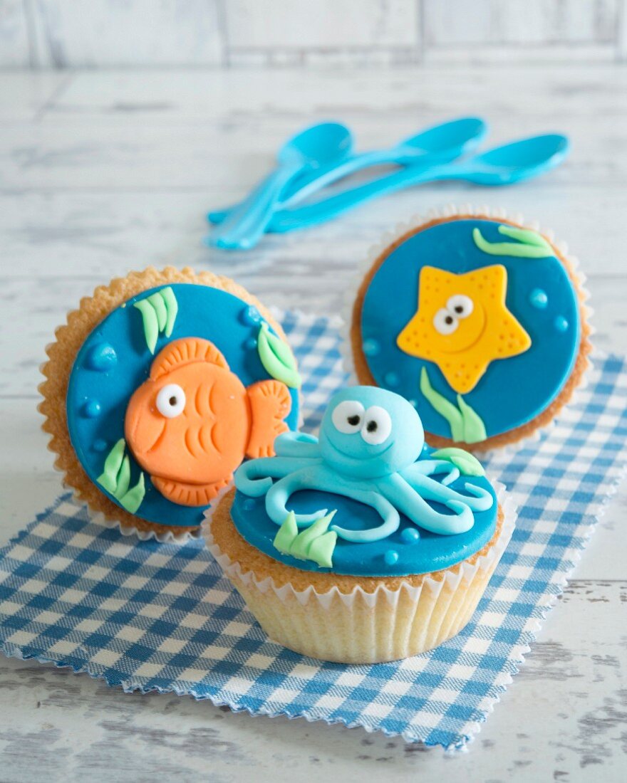 Cupcakes mit Meerestieren aus Fondant