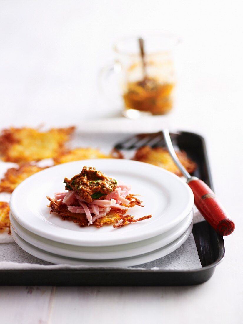 Potato Rosti with Ham and Tomato Pesto