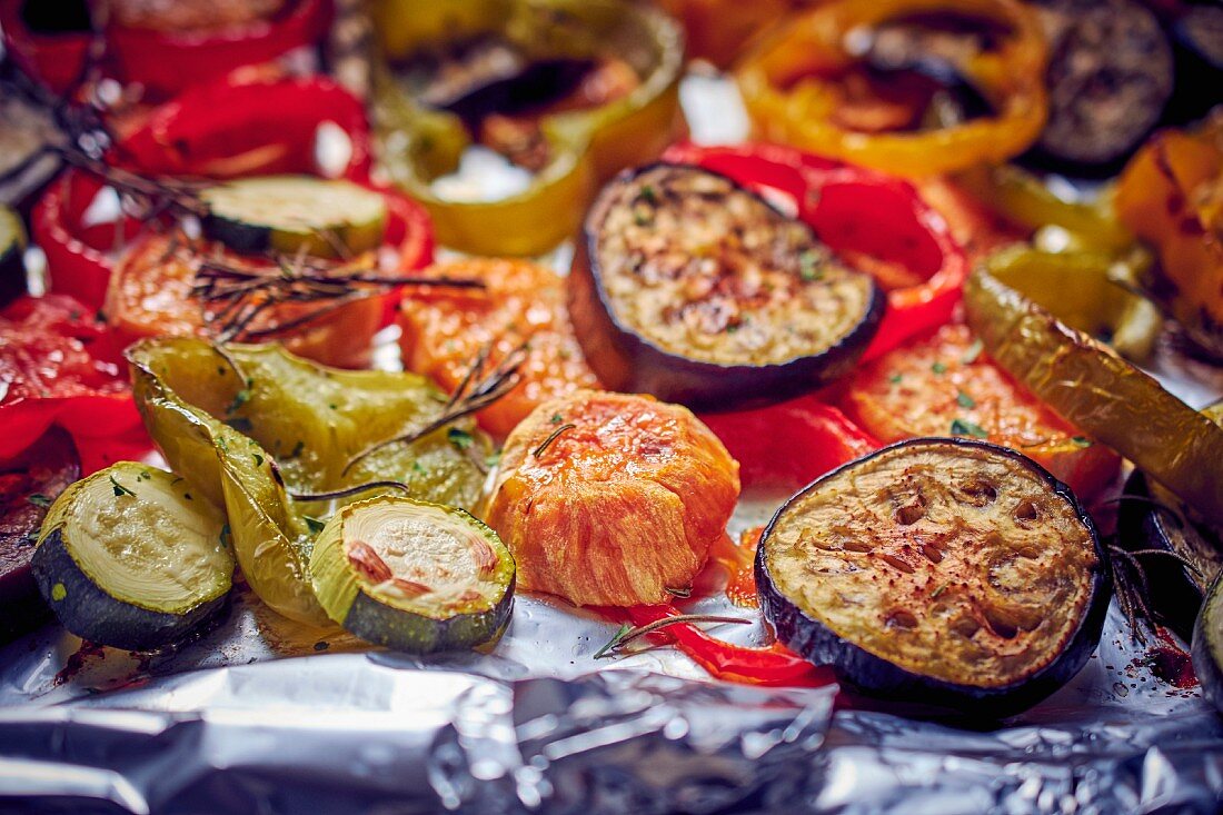 Roasted sweet potatoes and vegetables