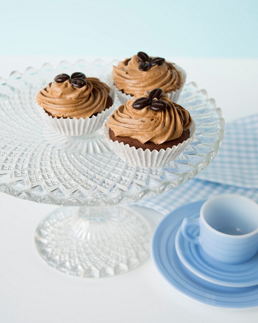 Cupcakes with coffee cream frosting and mocha beans on the top