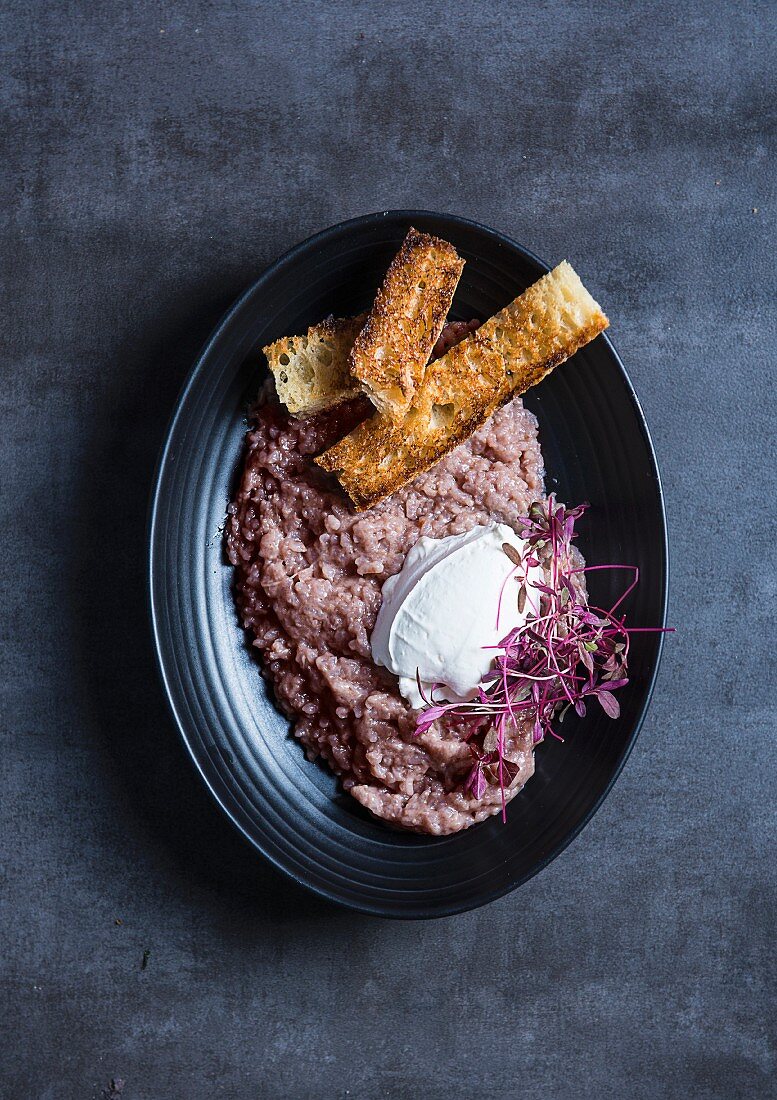 Beetroot risotto with Creme Fraiche