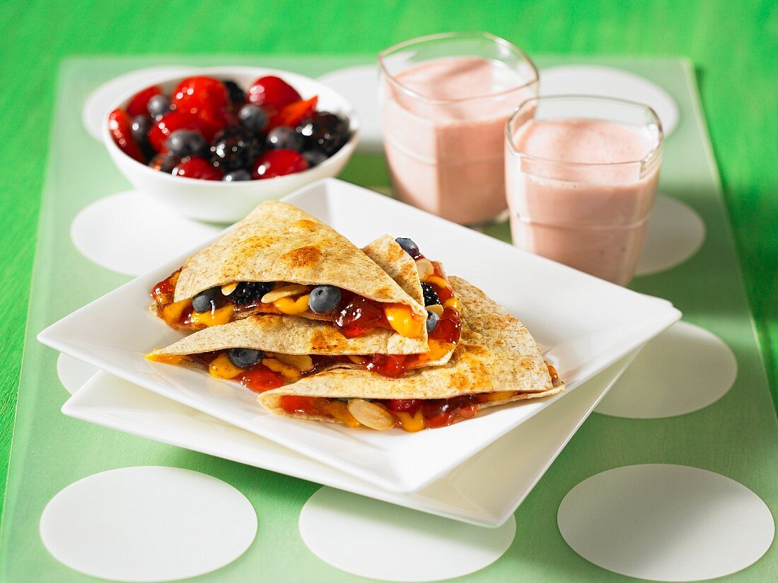 Fruit quesadillas with fruit and smoothies