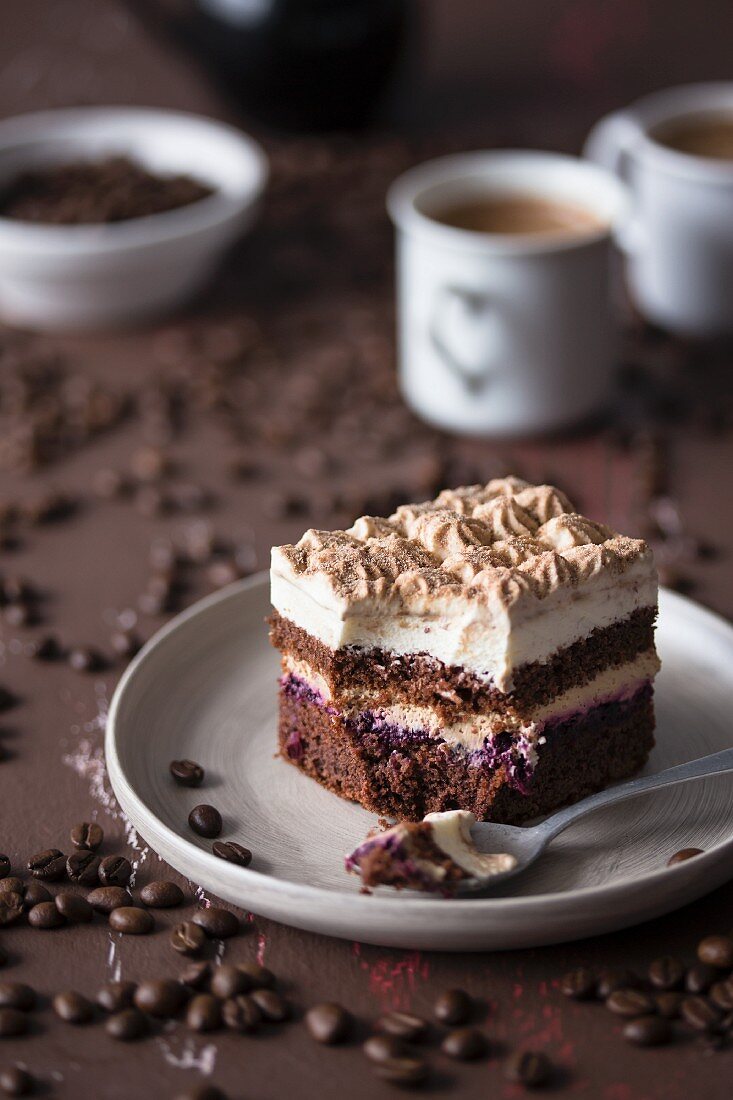 Cappuccino-Kuchen mit Schokoladenbiskuit, Kaffee und Vanille-Frosting