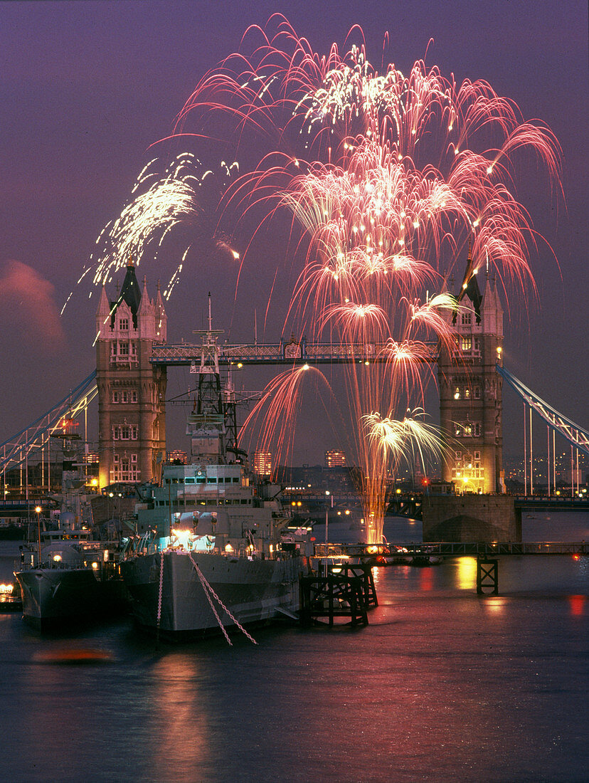 Fireworks over Tower Bridge, London, UK