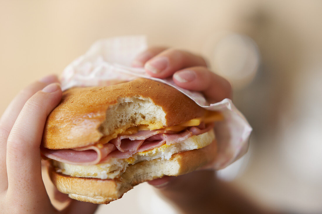 Hands holding an egg, ham and cheese bagel