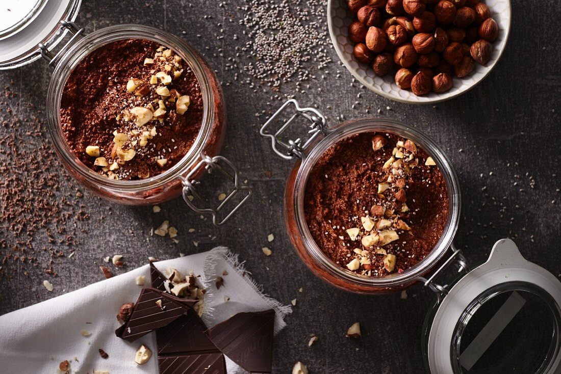 Chia puddings with chocolate and hazelnuts