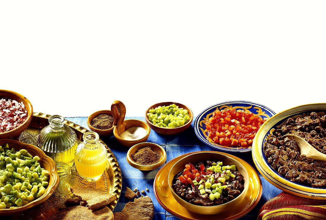 Foul (Egyptian dish with brown beans) & ingredients