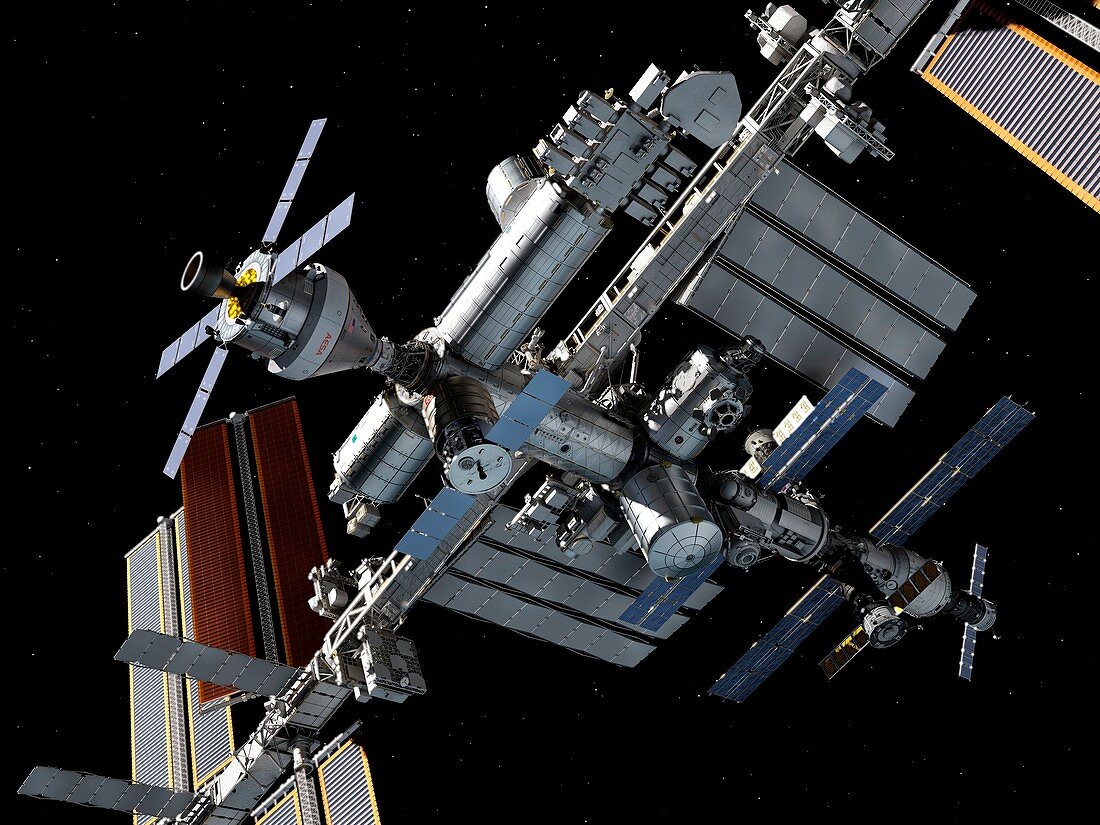 Crew exploration vehicle docked with ISS, illustration