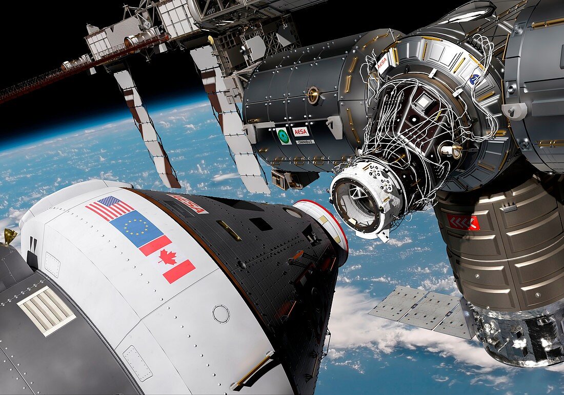 Crew exploration vehicle docking with ISS, illustration