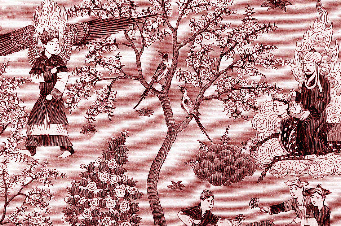 Prophet Muhammed in Paradise Gardens, 19th C illustration