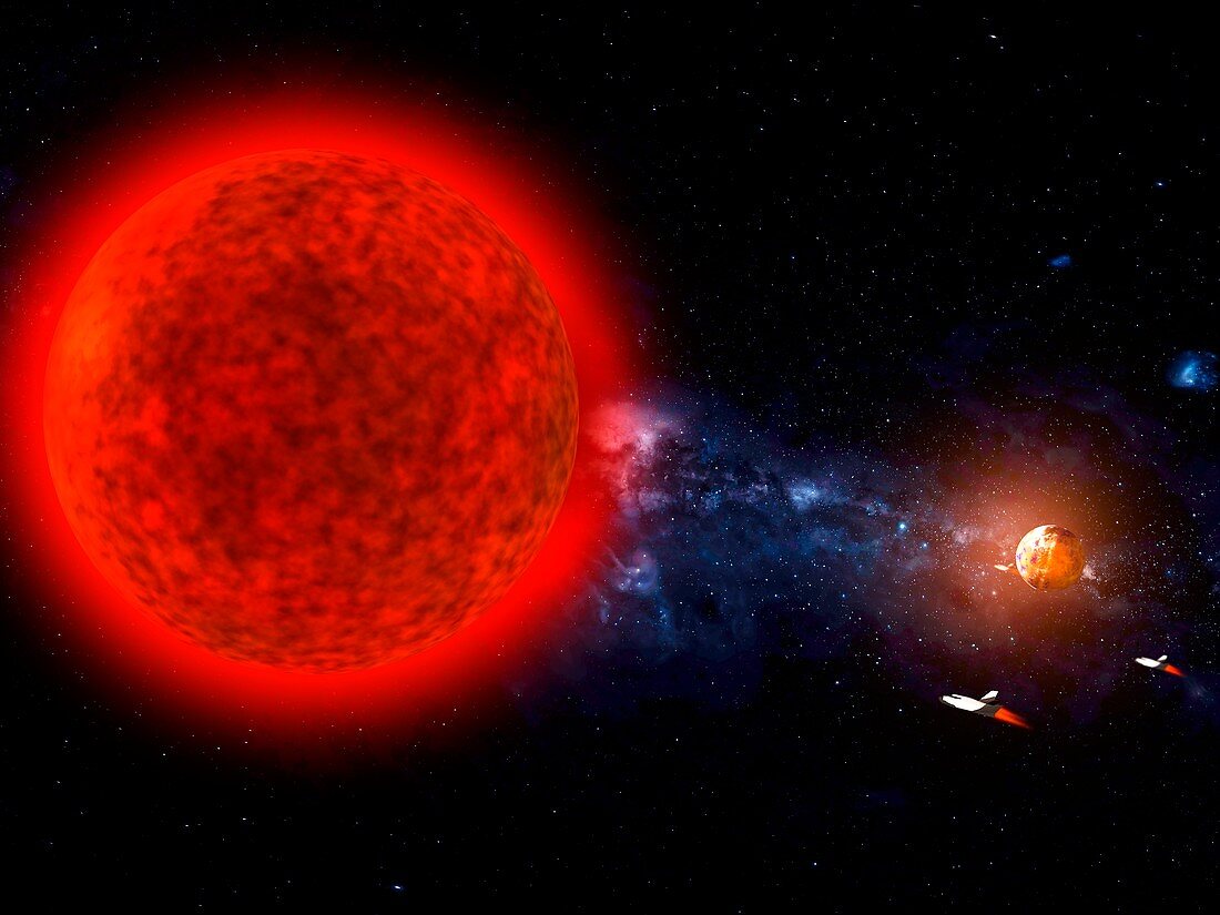 Exploration of a red dwarf star system, illustration