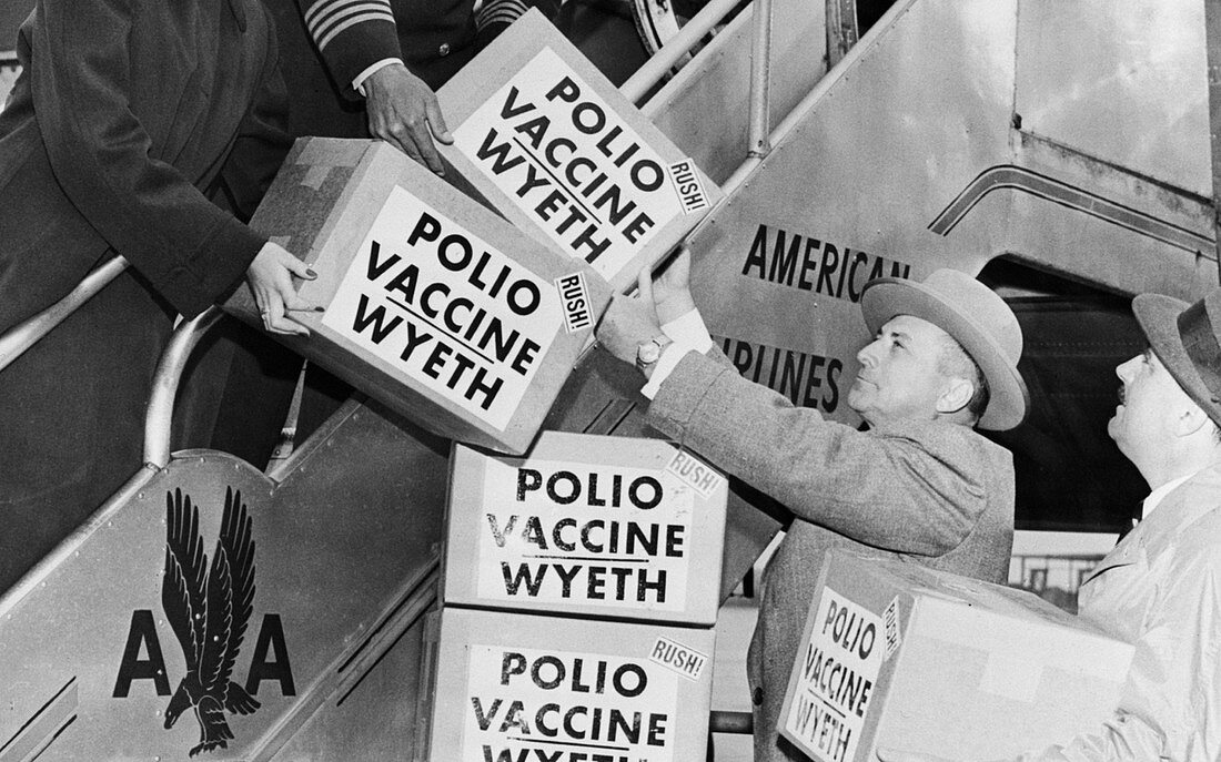 Polio vaccine being flown to Europe, 1955