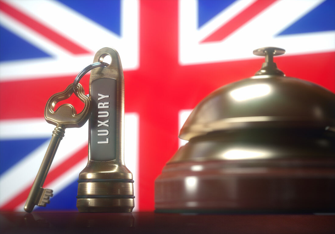 Hotel key and bell with British flag, illustration