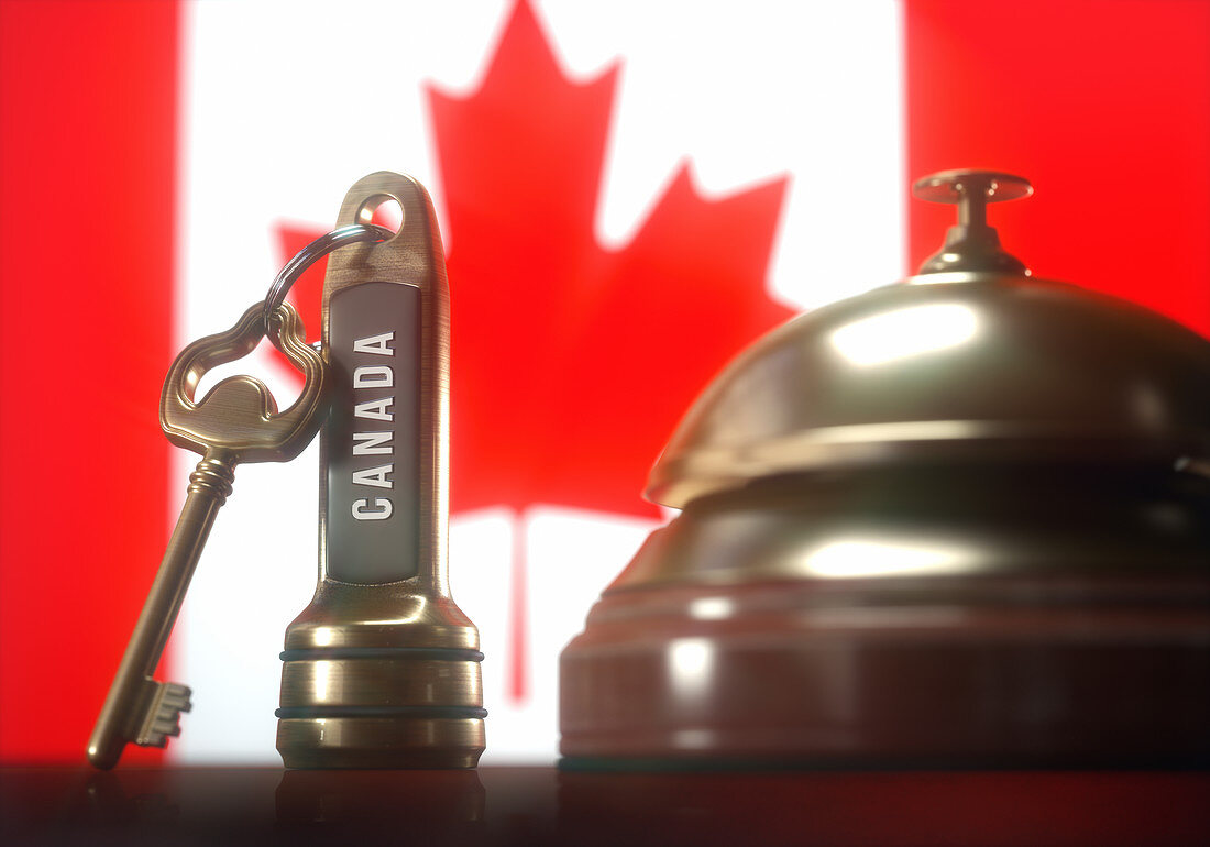 Hotel key and bell with Canadian flag, illustration