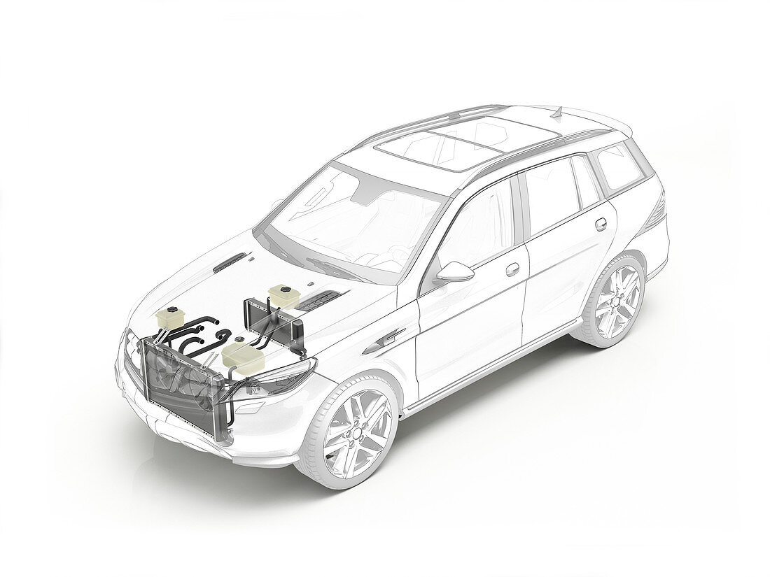 Technical drawing of cooling system in car, illustration