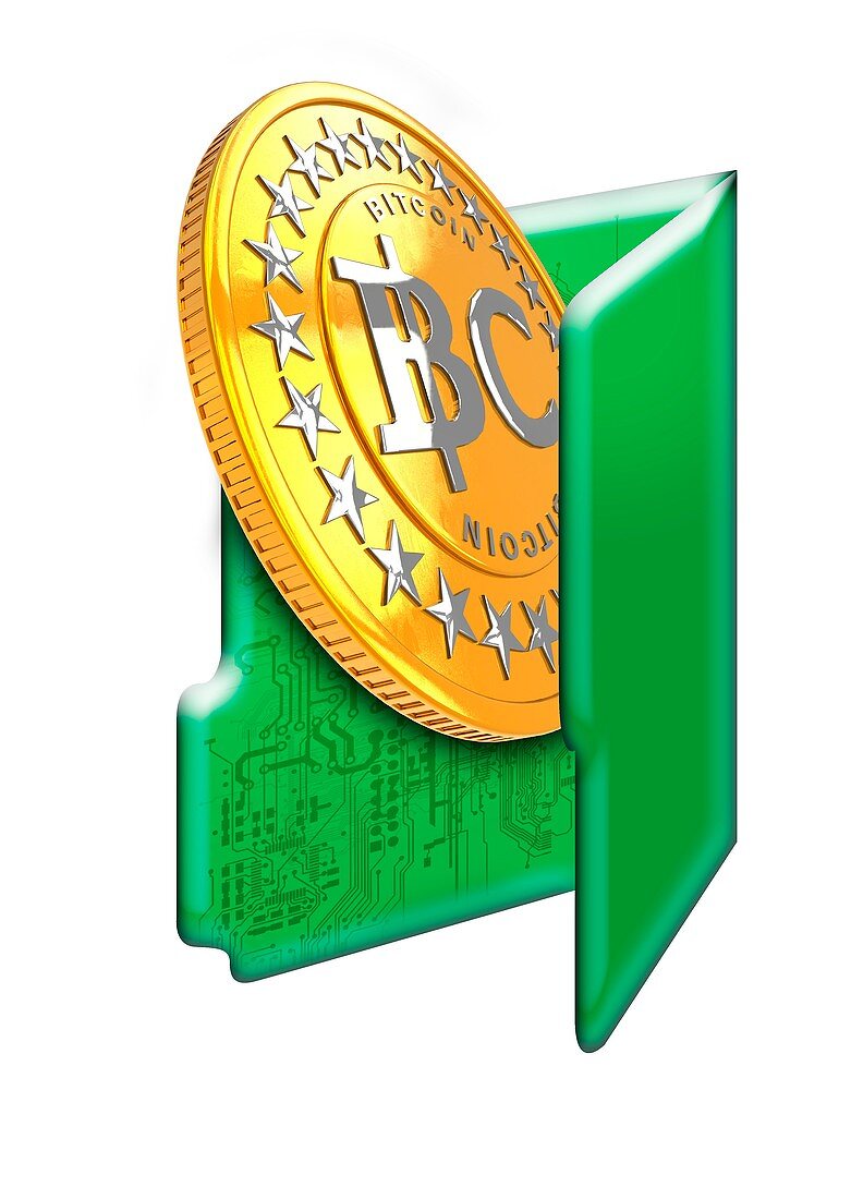 Bitcoin and computer folder symbol, illustration