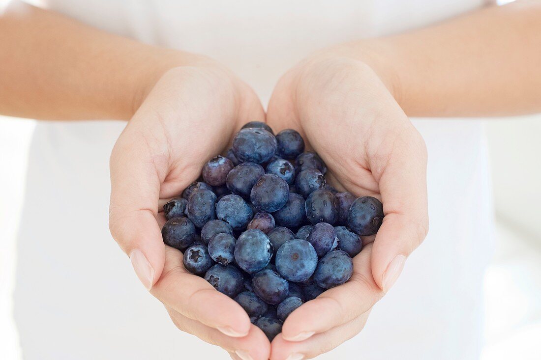 Woman holding blueberries in hands