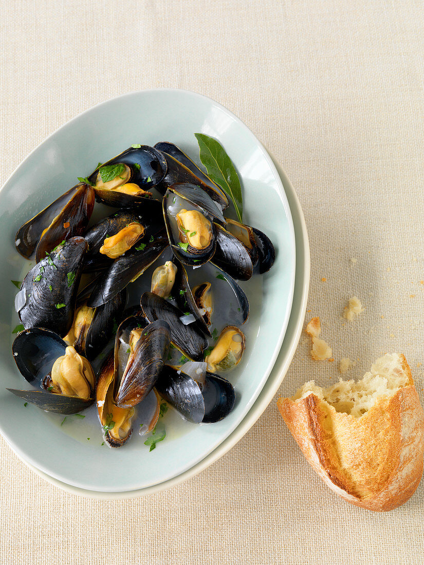 Steamed mussels with a chunk of baguette