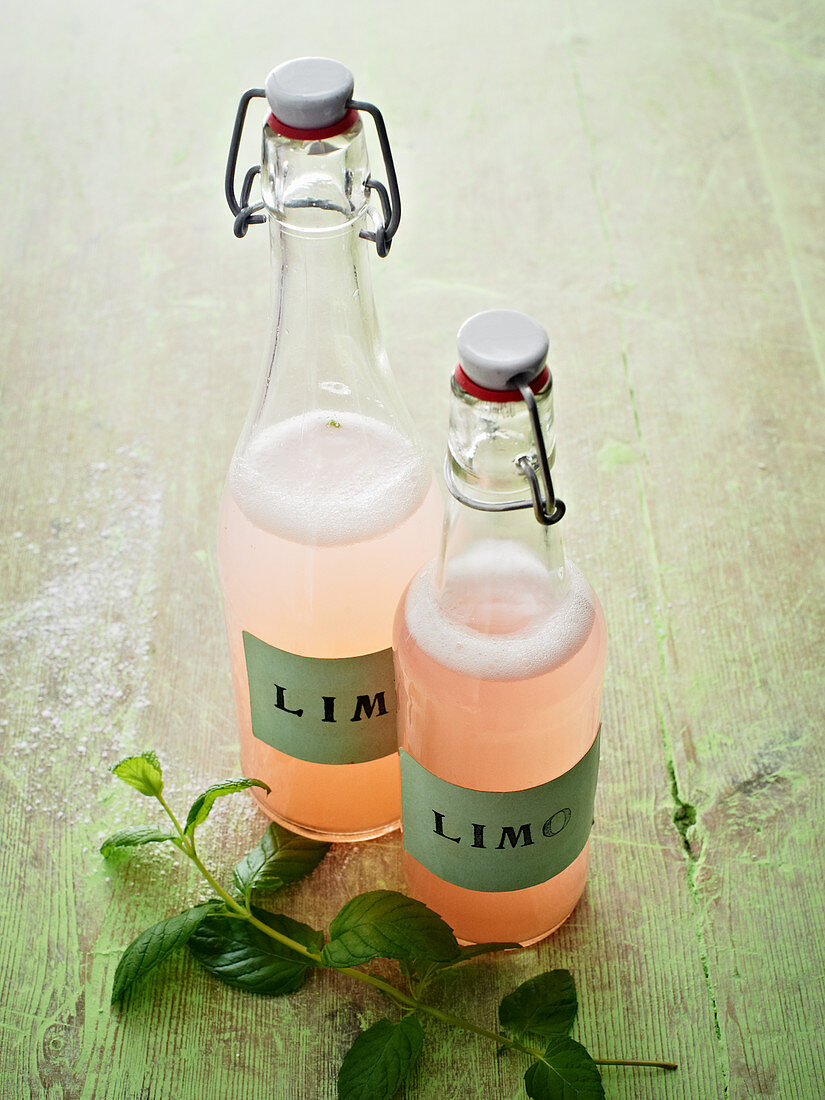 Bottles of rhubarb lemonade with mint