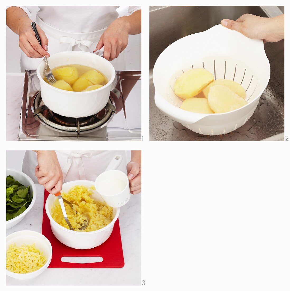 Käse-Kartoffel-Püree mit Spinat zubereiten