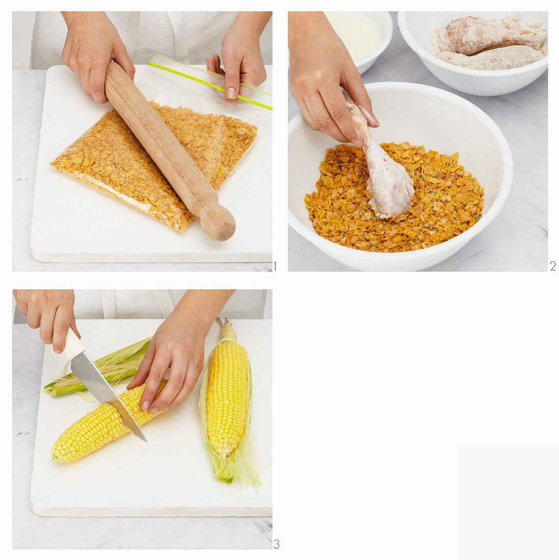 Knuspriges Buttermilchhähnchen mit Cornflakes-Panade und Maiskolben zubereiten