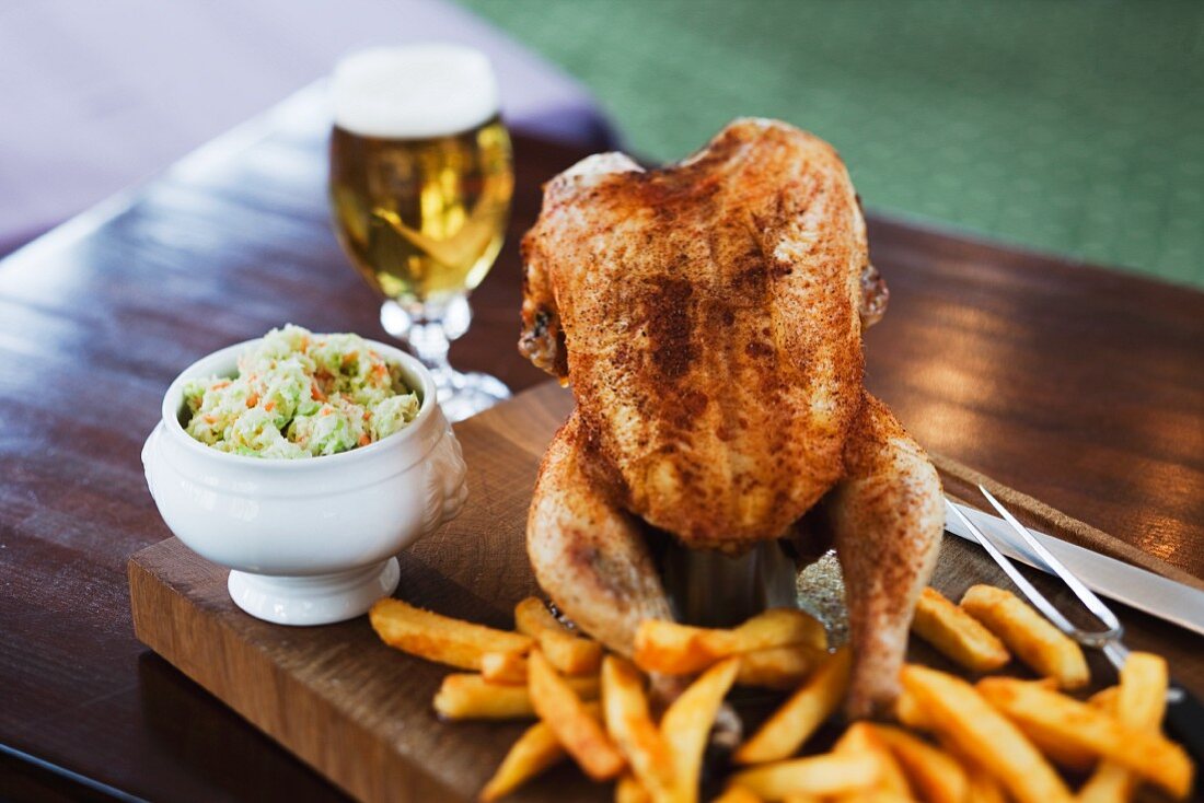 Beer can chicken and chips