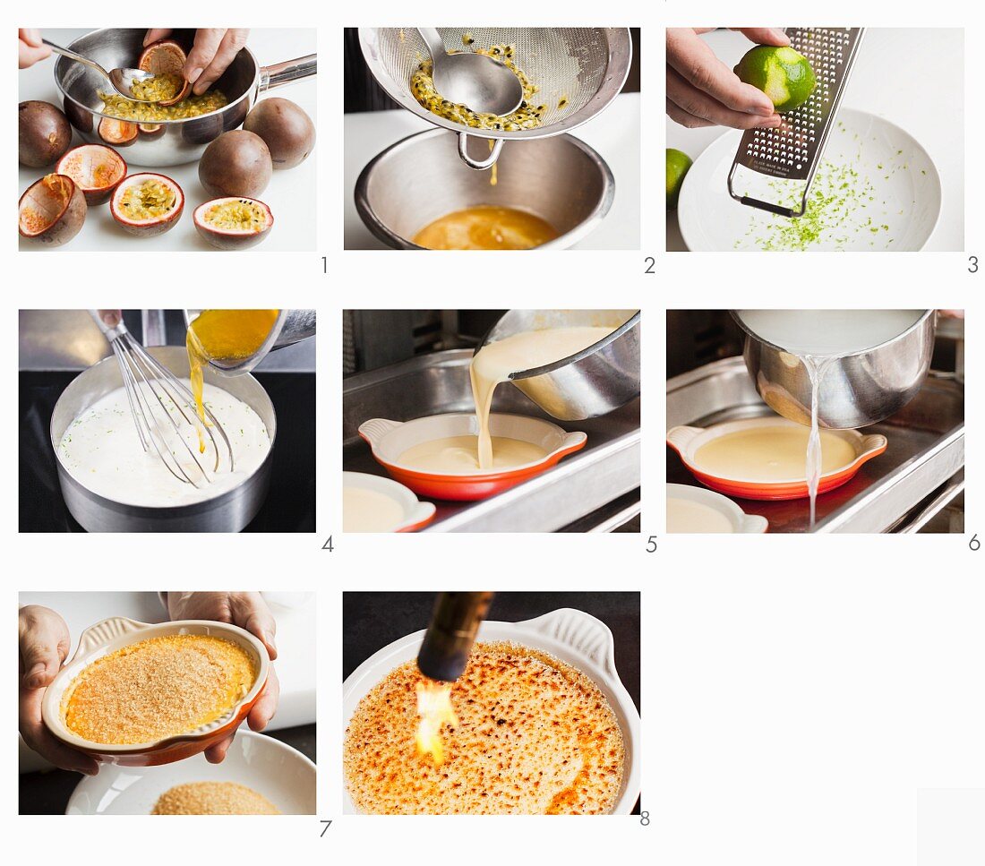 Passionfruit crème brûlée being made
