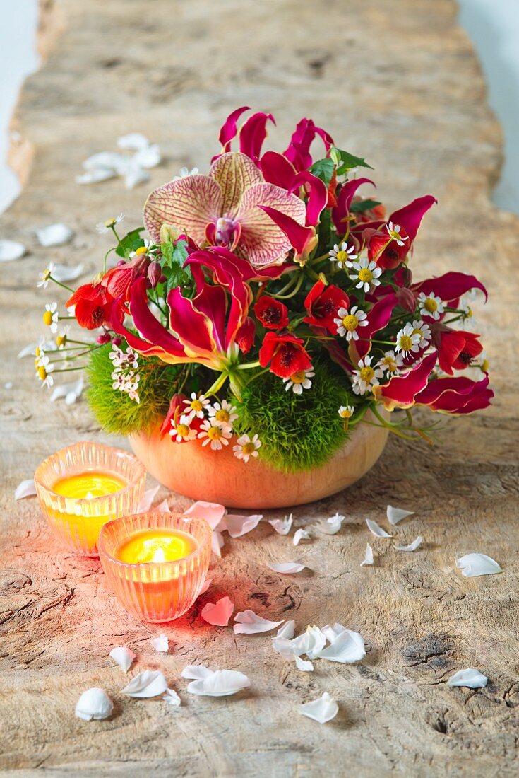 Red arrangement of flame lily, orchids and Indian mallow