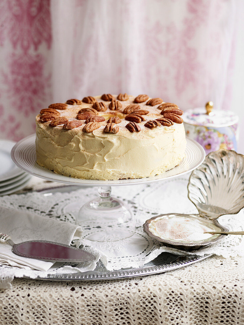 Caramel Angel Food Cake with Sugared Pecans