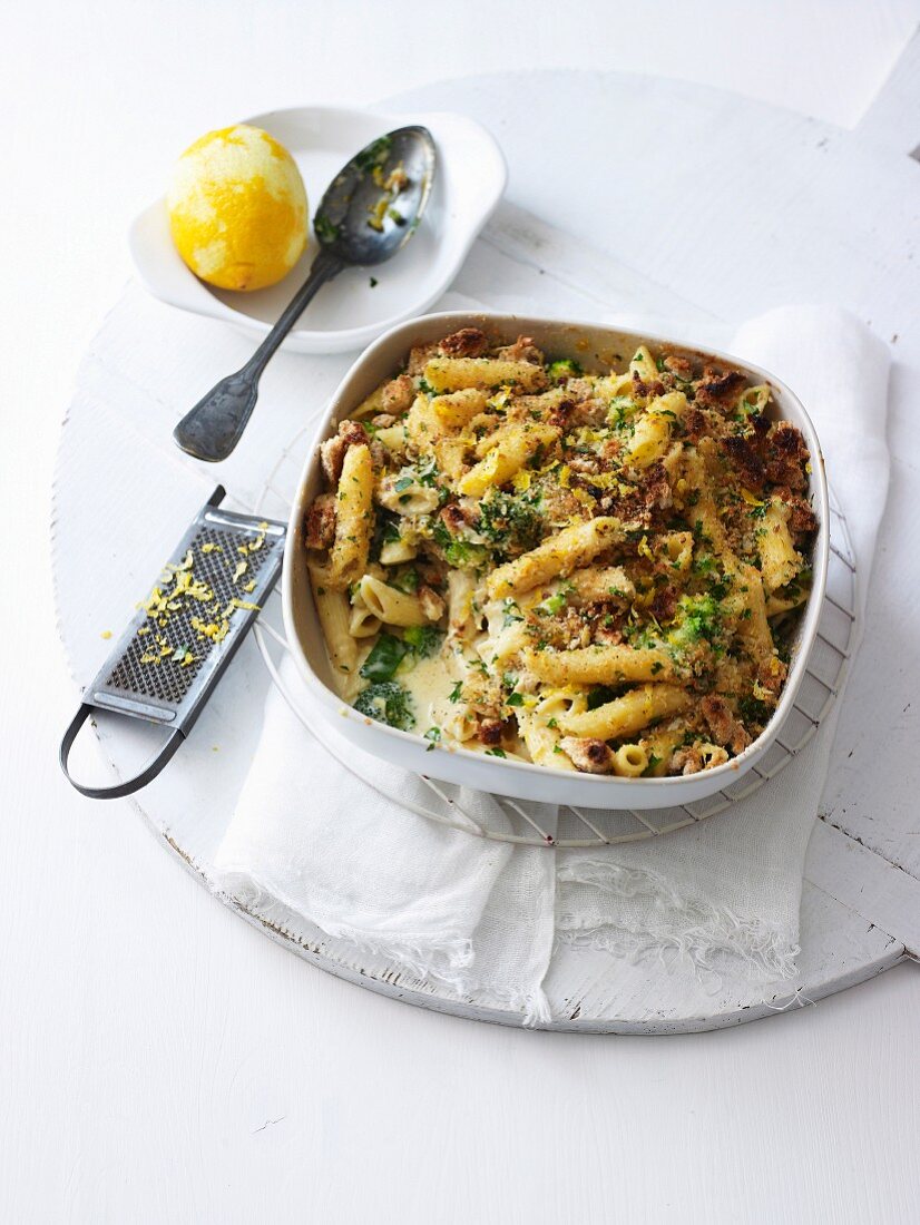 Broccoli and Cheese Penne with Garlic Lemon Crumbs