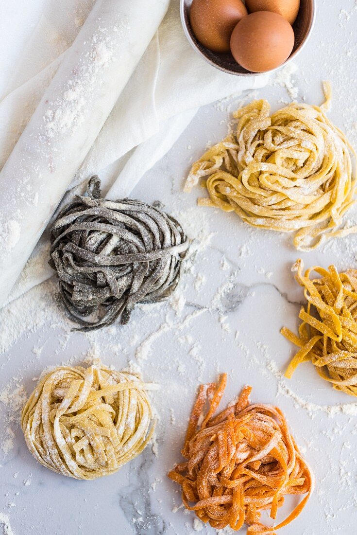 Homemade coloured tagliatelle