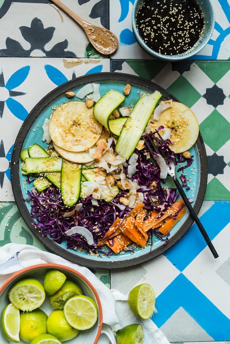 Red cabbage coleslaw with courgette, carrot and apple