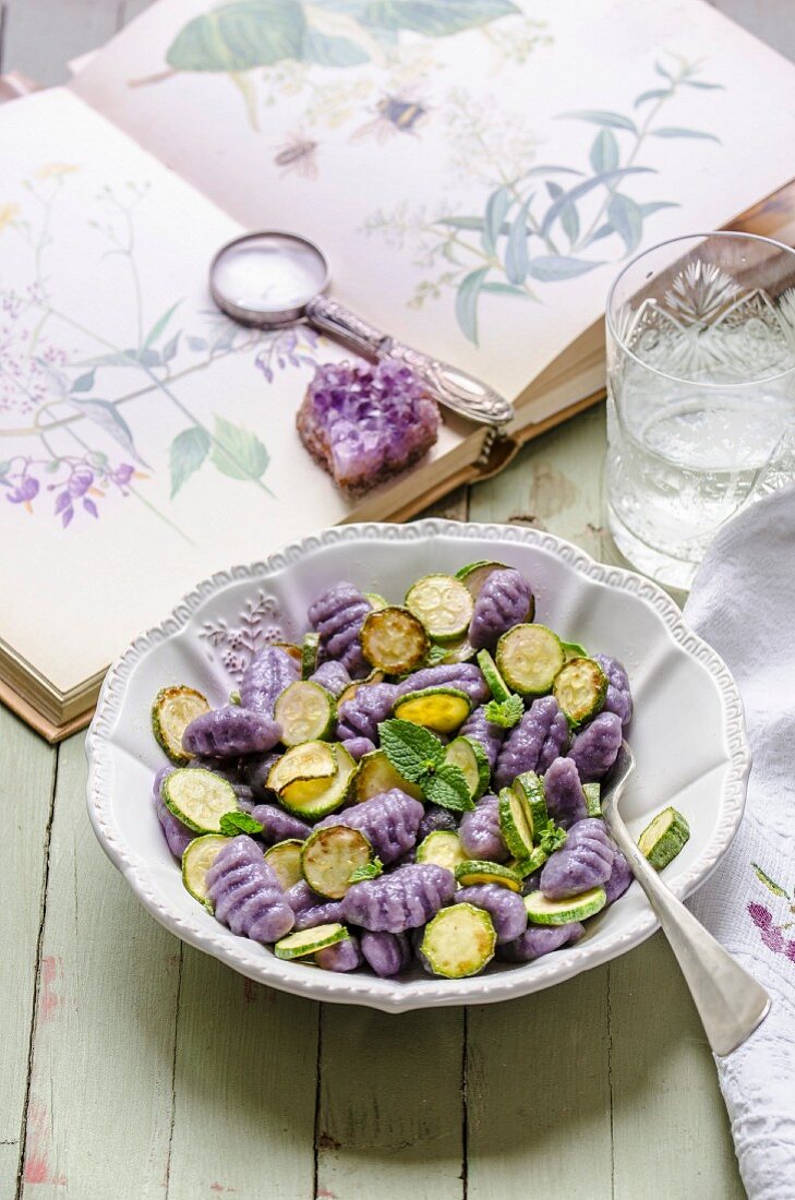 Violet gnocchi with courgette and mint