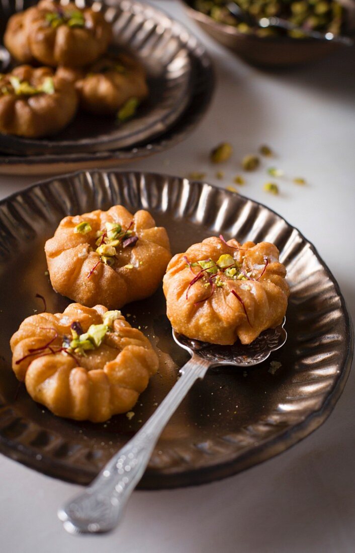 Balushahi (sweet flaky deep-fried pastries, India)