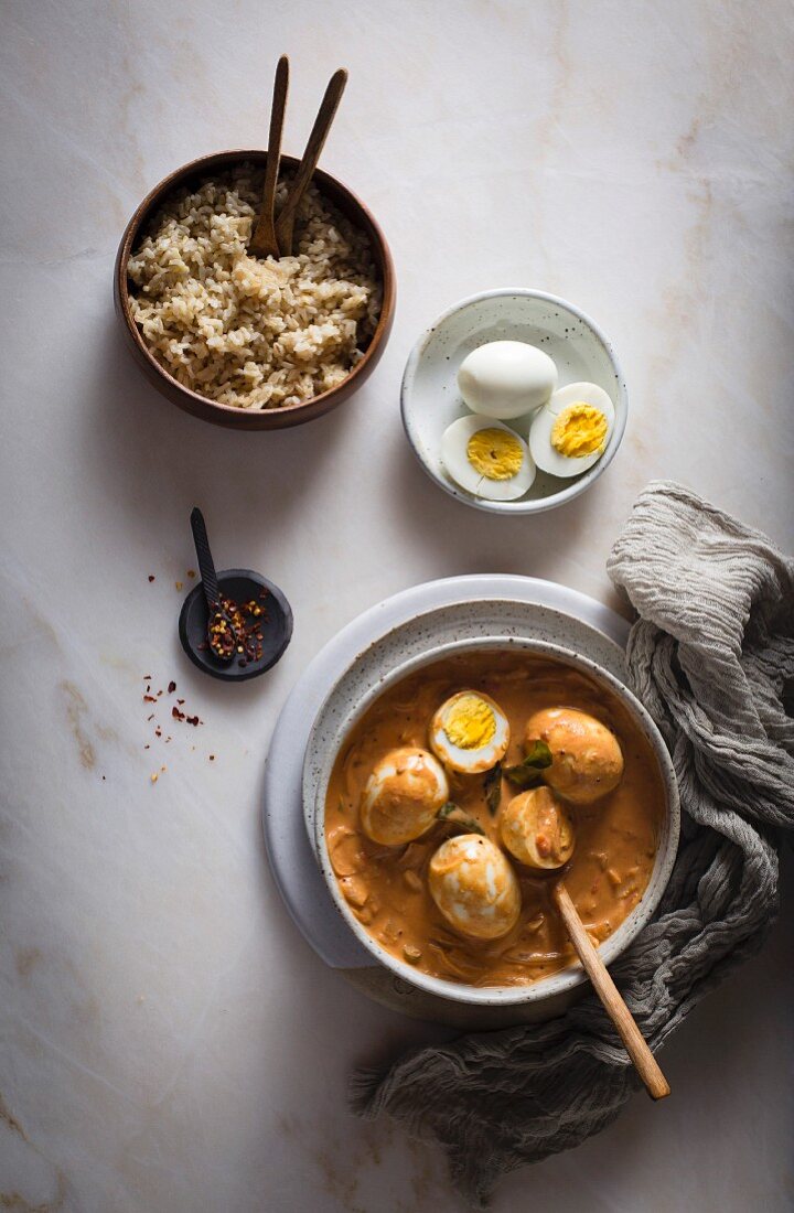 Egg curry in small bowls (India)