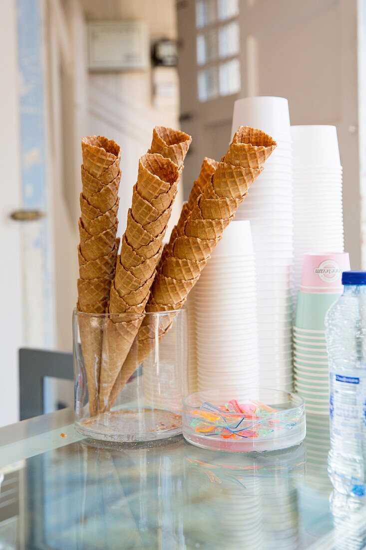 Ice cream cones and tubs in an ice cream parlour